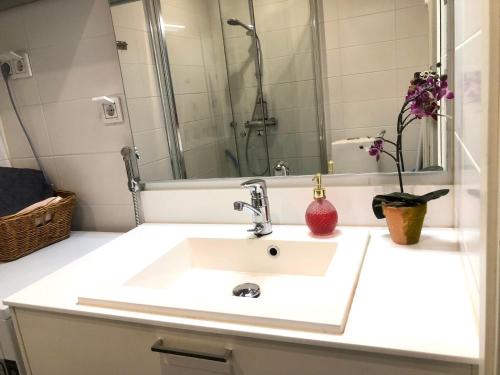 a bathroom with a white sink and a mirror at Scandinavian Home 21 in Heard City in Helsinki