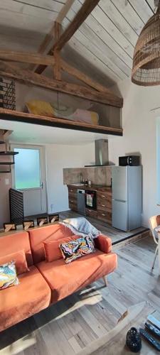 - un salon avec un canapé orange et un réfrigérateur dans l'établissement Maison du Pont Canal, à Agen