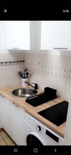 - un comptoir de cuisine avec évier dans l'établissement Appartement en résidence vue sur mer, au Barcarès