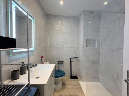 une salle de bain avec une douche, des toilettes et un lavabo dans l'établissement Cozy studio - Downtown Vallauris, à Vallauris