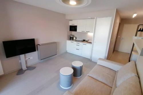 un salon avec un canapé et une télévision à écran plat dans l'établissement Studio feet in the water friendly cozy and unique, à Villeneuve-Loubet