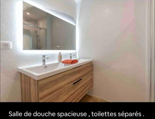 une salle de bain avec un lavabo et un miroir dans l'établissement Le bohème, à Sanary-sur-Mer