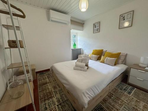 a bedroom with a bed with a ladder in it at Sobreira Stone Cottage in Peso da Régua