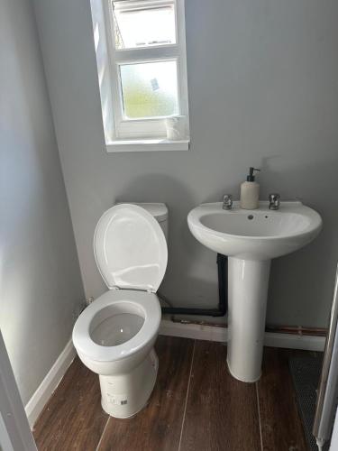 a bathroom with a toilet and a sink at Bedford Street Flats in Crewe