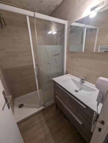 une salle de bain avec une douche, un lavabo et un miroir dans l'établissement les terrasses de l'Alpe, à L'Alpe-d'Huez