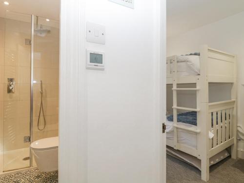 ein Badezimmer mit Dusche, Toilette und Waschbecken in der Unterkunft Boatman's Cottage in Salcombe