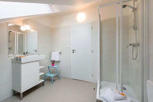 un bagno bianco con doccia e lavandino di Veleslavin Apartments a Praga