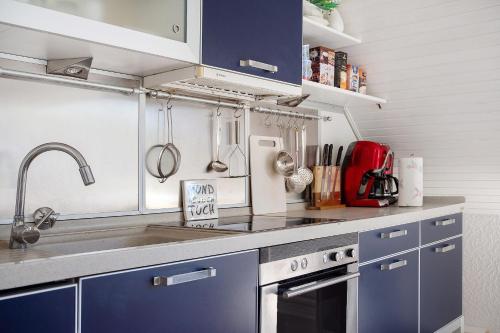a kitchen with blue cabinets and a sink at Harmonie Hof in Oyten