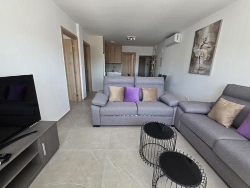 a living room with a couch and a tv at Two-Bedroom Suites by Kentrikon 1924 Boutique Hotel, Old Town in Paphos City