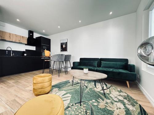 un salon avec un canapé vert et une table dans l'établissement 1 lenoir cocon romantique avec jacuzzi au centre, à Reims