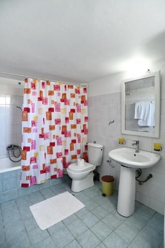 a bathroom with a toilet and a sink and a shower curtain at Prokopis House in Sívros