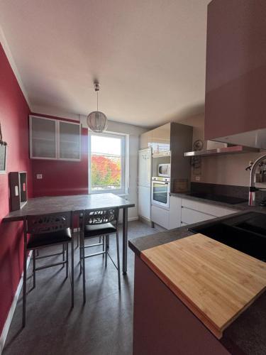 une cuisine avec une table et des chaises dans l'établissement appartement de madame de souter, à Sequedin