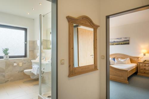 a bathroom with a toilet and a sink and a mirror at Landhotel Gockelwirt in Eisenberg