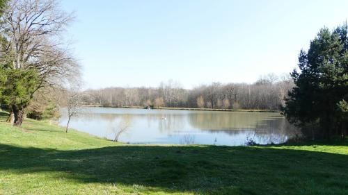 une vue d'un lac avec des arbres en arrière-plan dans l'établissement gîte de campagne, à Chantenay-Saint-Imbert