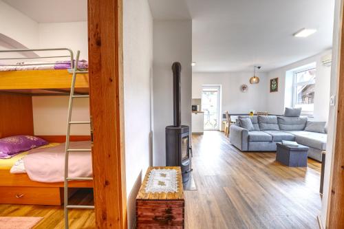 a living room with a bunk bed and a couch at Apartma in studio Jerca ob Savi in Bohinj