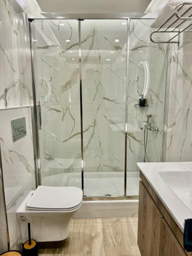 a bathroom with a shower and a toilet and a sink at Velvet Aura Jacuzzi Edessa in Edessa
