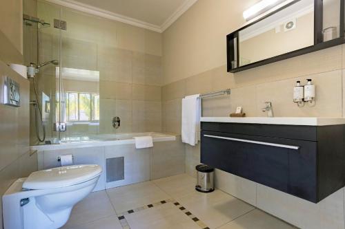 a bathroom with a toilet and a sink and a tub at Devonvale Golf & Wine Estate in Stellenbosch