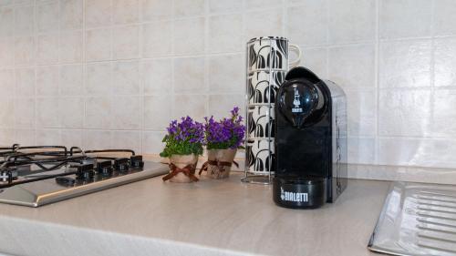 a kitchen counter with a bottle of wine and flowers at Lovely and Quite - Bosa by Sardinianworld in Bosa