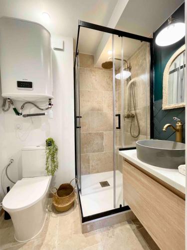 une salle de bain avec une douche, des toilettes et un lavabo dans l'établissement Cosy & Chill Appartements - Au cœur du village de Cotignac, en Provence, à Cotignac