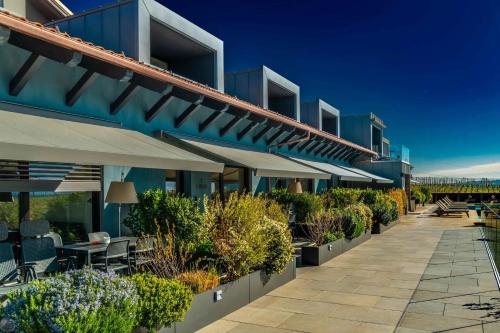un patio al aire libre con plantas y sombrillas en un edificio en VINEHO, en Barolo