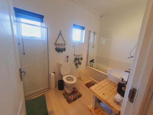 a bathroom with a white toilet and a sink at Plett Pool Villa in Plettenberg Bay