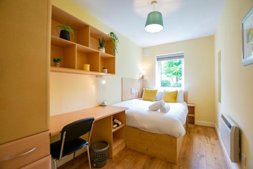 a bedroom with a bed and a desk and a window at 32 -Spacious 2BR Galway stay - Sleeps 6 in Galway