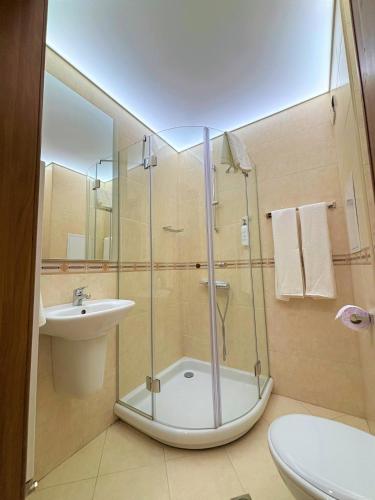 a bathroom with a shower and a sink at Dunav Apartment House in Sofia