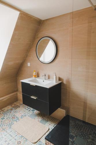 une salle de bain avec un lavabo et un miroir dans l'établissement Le Bretzel Mulhouse, à Mulhouse