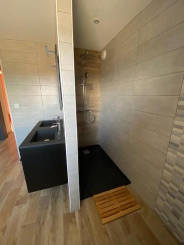 une petite salle de bain avec un lavabo et une douche dans l'établissement Charming Gite avec beau panorama, à Arsac-en-Velay