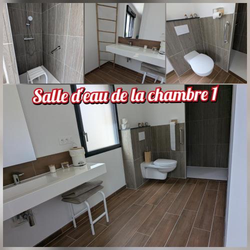 deux photos d'une salle de bain avec un lavabo et des toilettes dans l'établissement Maison familial dans le golf, au Tronchet