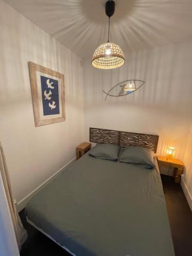 une chambre avec un lit et un lustre dans l'établissement Palavas, studio CLIM, 1 Ch cabine, vue lagune, à Palavas-les-Flots