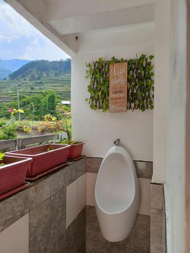 a bathroom with a urinal and plants on the wall at Buscalan GL's Crib & Coffee in Tinglayan