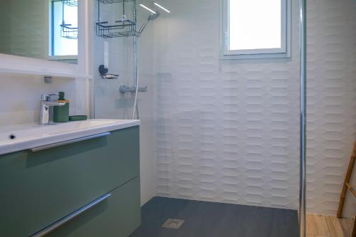 une salle de bain avec une douche en verre et un lavabo dans l'établissement maison lumineuse avec veranda et jardin - 8 personnes, à Les Sables-dʼOlonne