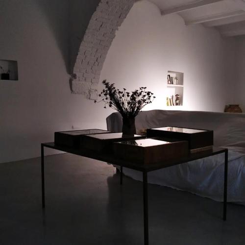 une table avec une plante dans une pièce dans l'établissement La Forge 1846, à Servas