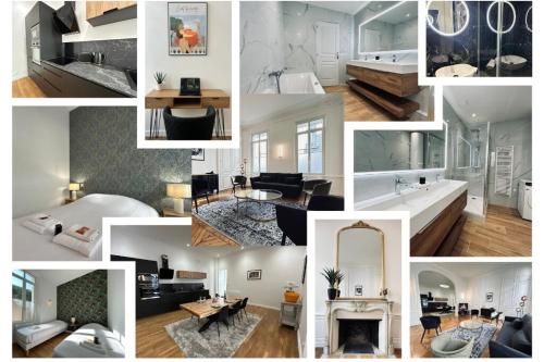 un collage de photos d'un salon dans l'établissement 3 Lenoir Grand T3 luxueux au centre-ville 4 pers, à Reims