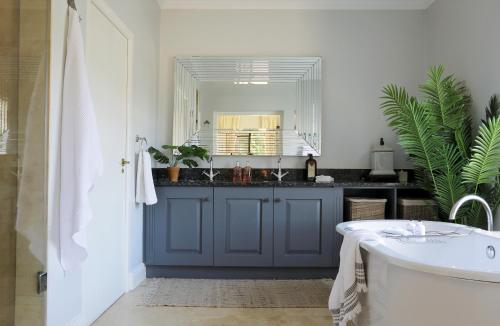 a bathroom with a sink and a tub and a mirror at Verdun Country House in Franschhoek