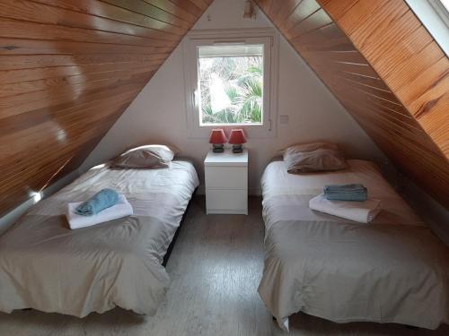 deux lits dans une chambre mansardée avec une fenêtre dans l'établissement Brennig, à Penmarcʼh