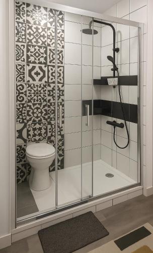 une cabine de douche avec toilettes dans une salle de bain dans l'établissement Studette Sable & Mer cosy à 100m de la plage, à Merville-Franceville-Plage