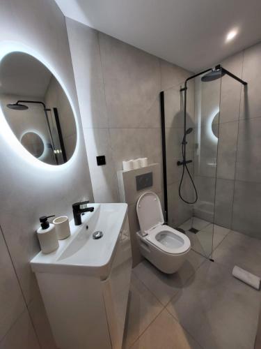 une salle de bain avec toilettes, lavabo et miroir dans l'établissement Chic Studio Charonne, Haut-Marais, à Paris