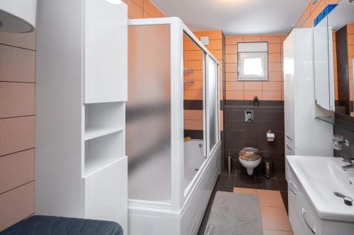 a bathroom with a shower and a sink and a toilet at Apartment ŽNJAN in Split