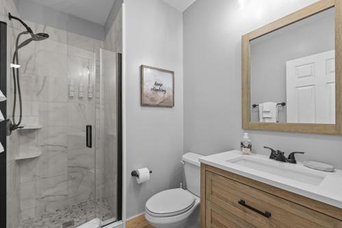 a bathroom with a shower and a toilet and a sink at Echo Mountain in Fairview