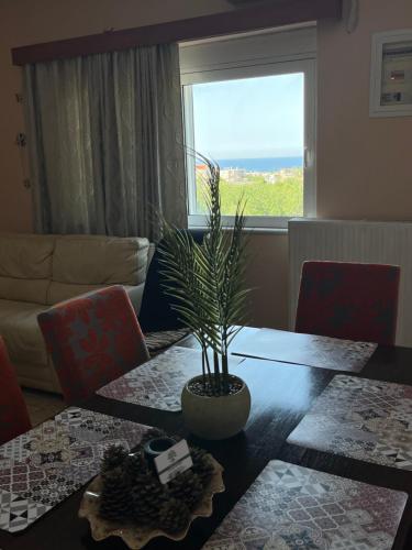 een eettafel met een potplant erop bij Angellinas Apartments in Kato Daratso
