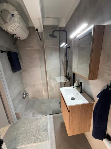 a bathroom with a shower and a white sink at Cozy quiet studio near the sea in Athens