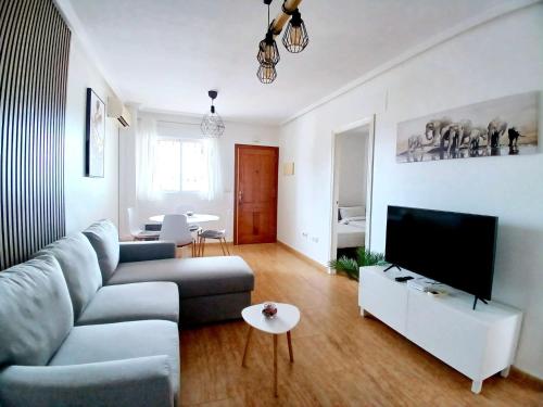 a living room with a couch and a flat screen tv at Appartement cosy avec 2 chambres et piscine commune in San Pedro del Pinatar