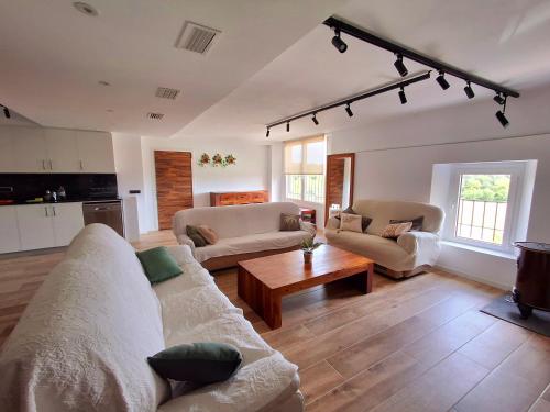 a living room with two couches and a table at Can Pairot in Pujals dels Cavallers