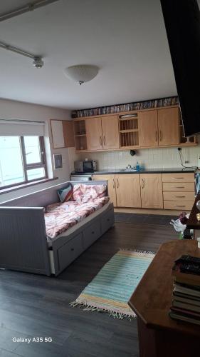 a room with a bed in the middle of a kitchen at Artisthostel Letterkenny in Letterkenny