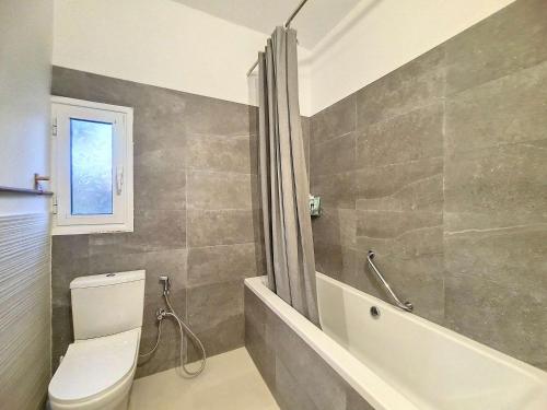 a bathroom with a toilet and a tub and a shower at Hydra Bay Seaside Villa with Pool in Thermisia