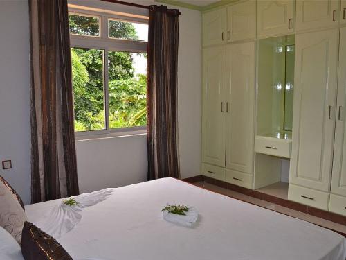 1 dormitorio con cama y ventana en Wyn Villa en Praslin