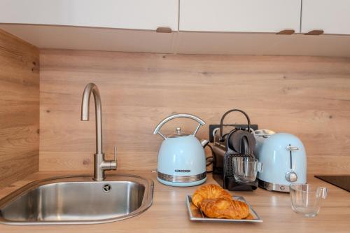 - un comptoir de cuisine avec un évier et un comptoir avec un évier dans l'établissement Majestic Suite, à Paris