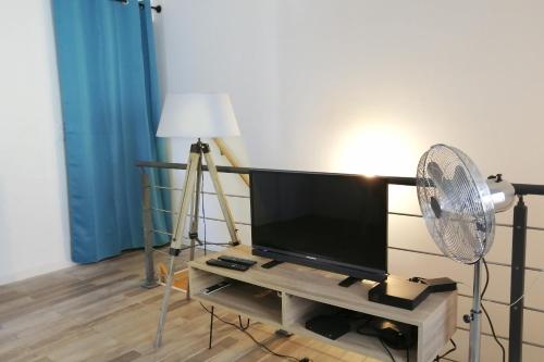 Il comprend un salon doté d'un ventilateur et d'une télévision à écran plat. dans l'établissement Nice subplex apartment - 2 people - Metro Mermoz-Parc Parilly, à Bron